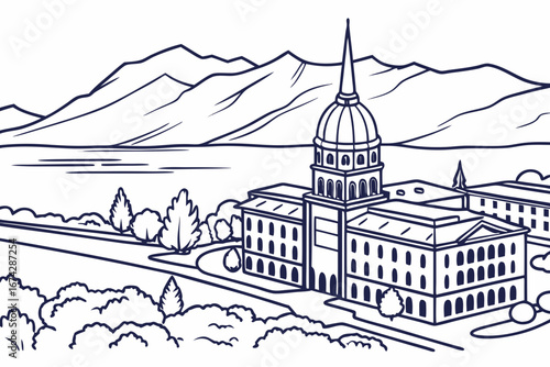 Provo skyline in linear sketch style, highlighting BYU campus, Utah Lake, and mountain backdrop, modern flat illustration style.