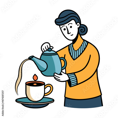 Elegant Teapot Pouring Hot Tea Into Cup Vector Illustration, Perfect for Kitchen, Tea Lovers, Beverage Designs, Home Decor, Minimalist Artwork