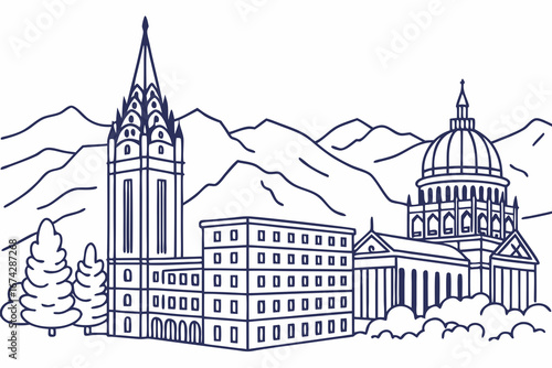 Salt Lake City skyline in linear sketch style, showcasing Mormon Temple, Utah State Capitol, and Wasatch Mountains, modern flat illustration style.