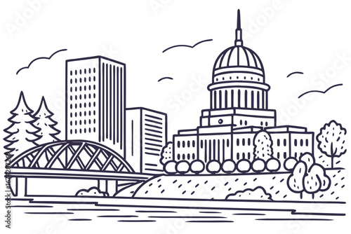 Salem skyline in linear sketch style, showcasing Oregon State Capitol, Willamette River, and city center, modern flat illustration style.