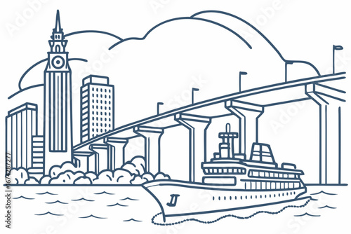 Obraz na plátně San Diego skyline in linear sketch style, featuring Coronado Bridge, USS Midway, and waterfront, modern flat illustration style