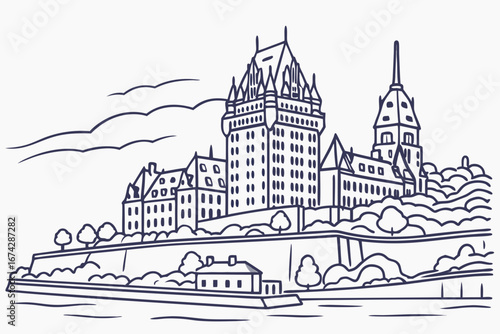 Quebec City skyline in linear sketch style, showcasing Château Frontenac, city walls, and St. Lawrence River, modern flat illustration style.