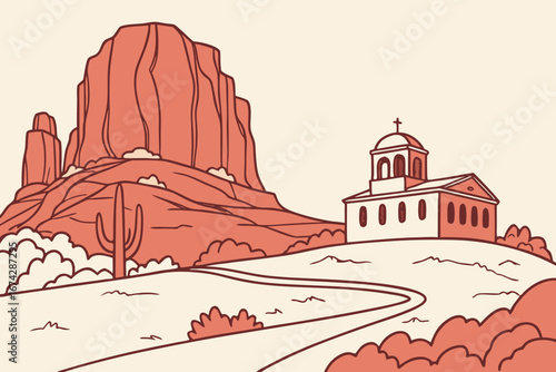 Sedona skyline in linear sketch style, featuring red rock formations, chapel on the rocks, and desert skyline, modern flat illustration style.