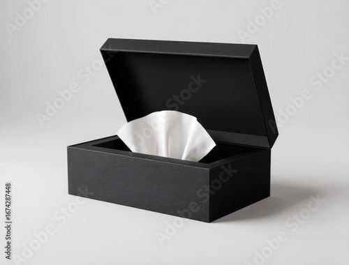 Open black tissue box on a light gray background