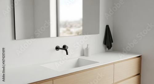 Serene bathroom interior featuring a modern vanity with a sleek white countertop, a black faucet, and a minimalist design aesthetic emphasizing clean lines and subtle textures creating a relaxing