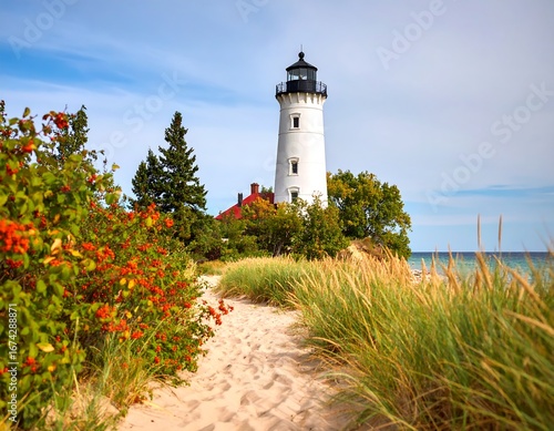 Coastal lighthouse on a sandy path