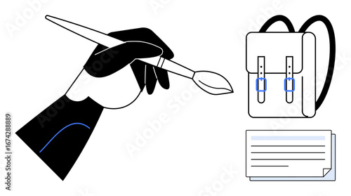 Hand holding paintbrush in creative action, minimalist backpack, and notebook. Ideal for art, education, creativity, learning, organization, study career planning simple flat metaphor