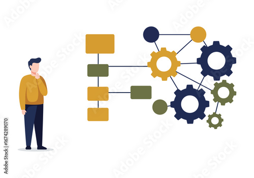Man thinking about a complex process diagram with gears and interconnected elements.