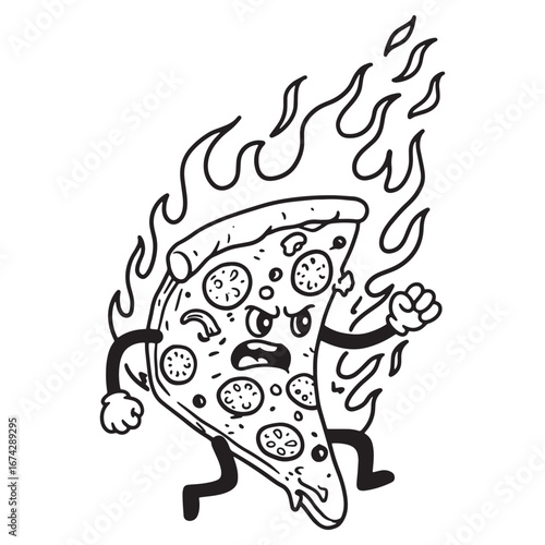 A furious slice of pizza cartoon character engulfed in flames with an aggressive expression. This monochrome vector graphic design is a powerful mascot for spicy food concepts