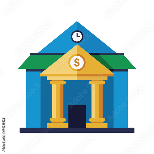 Illustration of a bank building with columns and a clock on top.