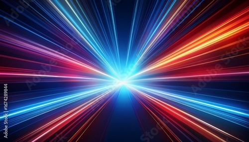vibrant light streaks radiate from a central point creating a dynamic starburst effect against a dark blue background