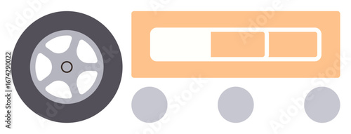 Train illustration with a large circular wheel, rectangular orange cart, and three small gray wheels. Ideal for transportation, logistics, children s learning, toy design, minimal design, railway