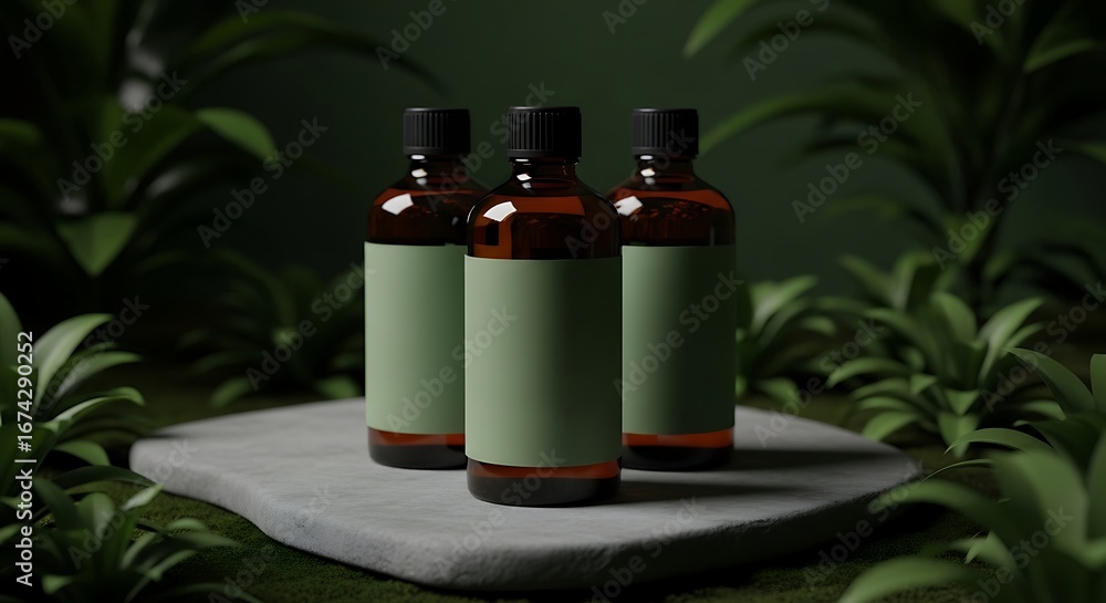 Fototapeta premium Amber Bottles - Botanical Elixir, Dark Moody Product Shot.