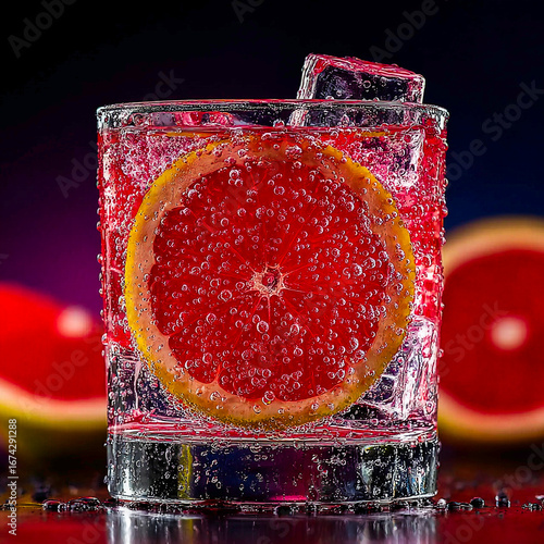 Close-up product photo of a grapefruit highball cocktail in a clear glass with ice cube, bubbles, and fruit slice. Modern minimal style with sleek mood, refined details, and soft gradient studio light