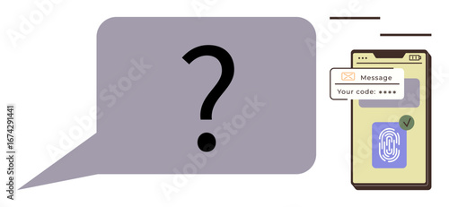 Smartphone screen with fingerprint scan, verification code message, checkmark, and question mark in speech bubble. Ideal for digital security, two-factor authentication, identity verification, mobile