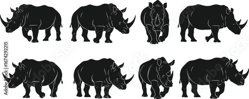 Vector Silhouette Illustration of Eight Rhinoceroses in Varied Poses Including Walking, Standing, and Frontal Views on White Background