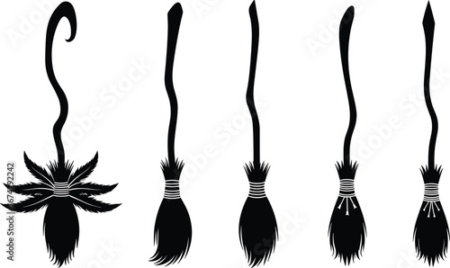 Vector Silhouette Illustration of Five Stylized Broomsticks with Unique Handles and Bristle Designs for Fantasy and Halloween Themes