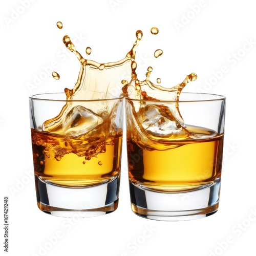 Two Whiskey Glasses Clinking with Liquid Splash Against White Background