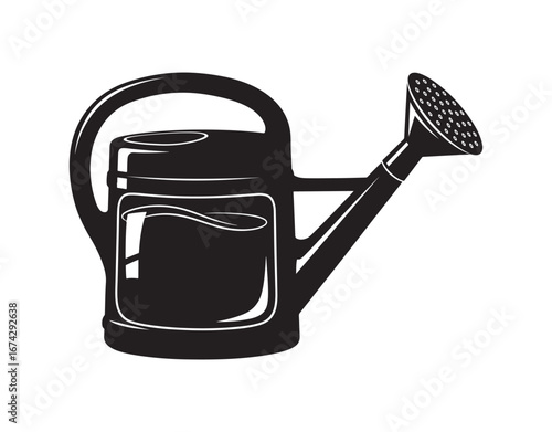 A watering can for the garden featuring a handle. It's a silhouette design. A black container filled with water, equipped with holes for drip irrigation of plants. This is a vector illustration. Set a