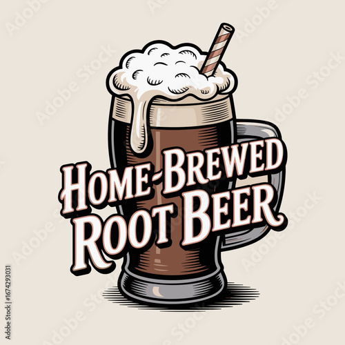 Vintage Root Beer Mug Illustration with Foam