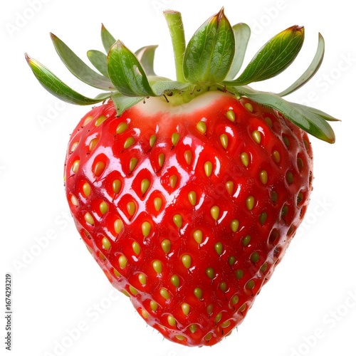 新鮮な赤いいちごのクローズアップ 白い背景に緑の葉が付いた単体