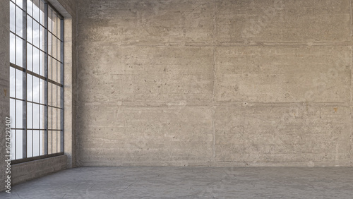Empty, loft industrial grunge interior. Concrete walls and big windows. Interior concept background . 3d Render	