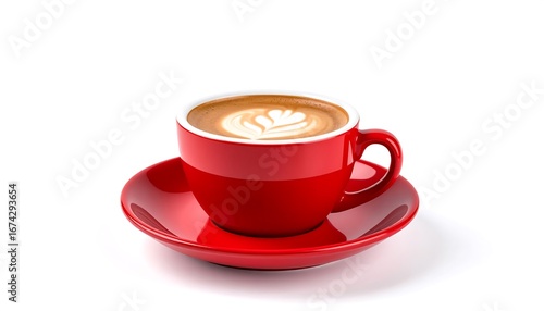 Wallpaper Mural A red coffee cup filled with latte art, sitting on a matching saucer, against a white backdrop Torontodigital.ca