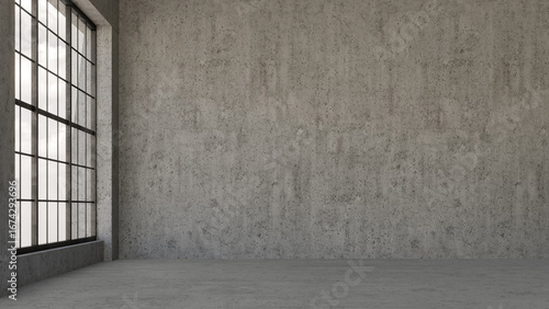 Fototapeta Naklejka Na Ścianę i Meble -  Empty, loft industrial grunge interior. Concrete walls and big windows. Interior concept background . 3d Render	