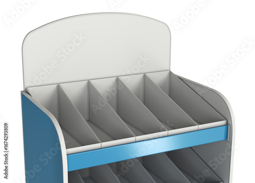 Top rounded part of cardboard retail display rack mockup with shelves and dividers. 3d illustration isolated on white