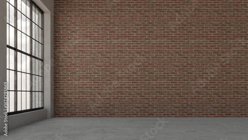 Empty, loft industrial grunge interior. Brick walls and big windows. Interior concept background . 3d Render	