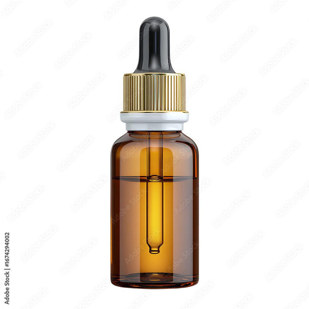 Fototapeta premium Amber glass dropper bottle with golden cap isolated on transparent background