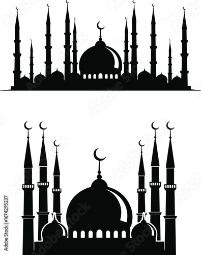 Vector Silhouette Illustration of Two Islamic Mosques with Multiple Minarets and Central Domes Featuring Crescent Moons on White Background