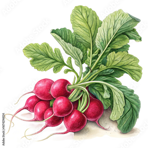 A bunch of fresh radishes with green leaves on a white surface art on transparent background