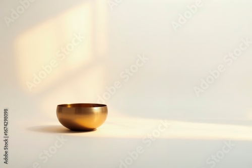 Small Tibetan bronze bowl in a bright, Zen-like setting with copy space.