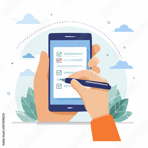 Hand Checking List On Smartphone Illustration