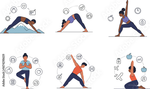 Yoga fitness poses vector set, healthy lifestyle, wellness, exercise routine, flat illustration with icons, flexibility, meditation, stretching, balance