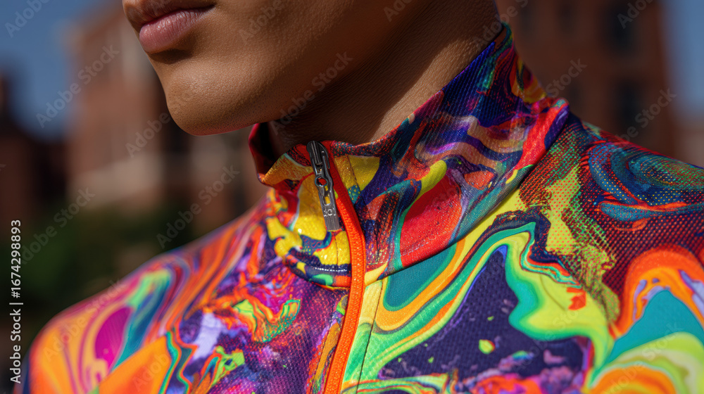 Obraz premium Vibrant colorful fashion apparel with modern design and artistic pattern, stylish casual clothing perfect for outdoor activities and everyday streetwear fashion