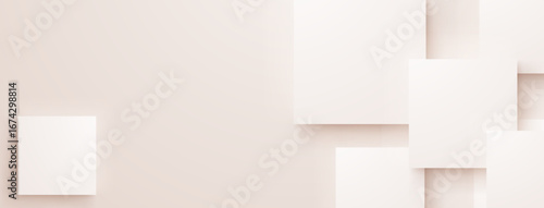 White geometric shapes on beige, abstract background with soft shadows.