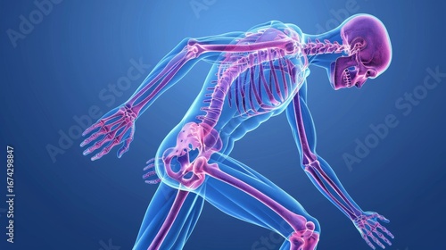Fototapeta Naklejka Na Ścianę i Meble -  3d x ray illustration of a walking man experiencing knee joint pain against a blue background