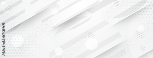 White abstract background with layered shapes and dots, creating a sense of depth.