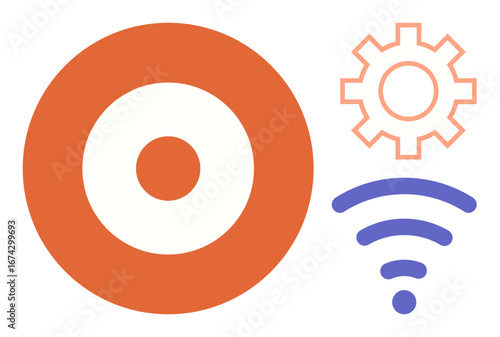 Target in orange, gear outline, and blue wireless signal represent goals, system optimization, and connectivity. Ideal for technology, innovation, networking, strategy efficiency communication