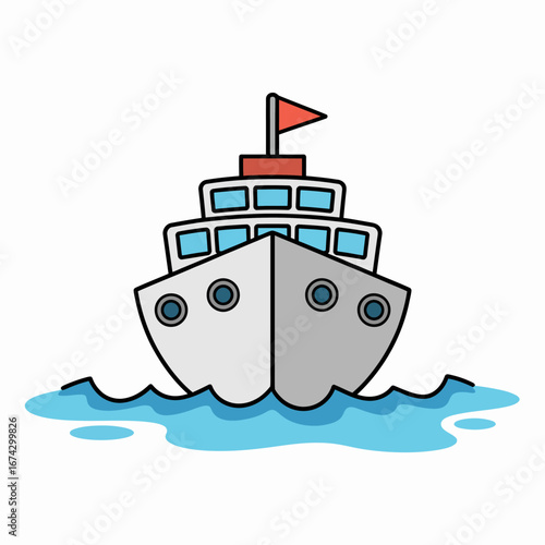 Cartoon cruise ship illustration navigating blue water waves with a red flag on top perfect for children stories and nautical themes