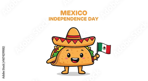 Cute cartoon taco character wearing a sombrero and holding a Mexican flag, celebrating Mexico's Independence Day.
