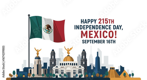 Illustration celebrating Mexico's 215th Independence Day with the Mexican flag waving above a stylized cityscape featuring prominent buildings.