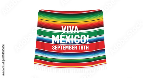 Colorful poncho with the text "Viva Mexico! September 16th" against a white background, celebrating Mexican Independence Day.
