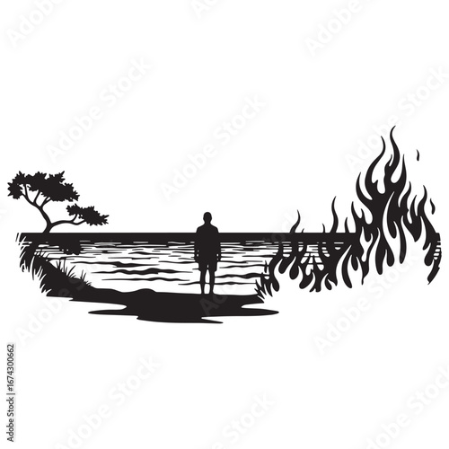 Solitary Figure by the Burning Sea A Black and White Illustration