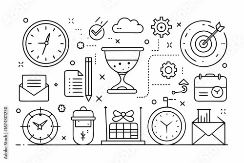 Time management essentials: Clocks, hourglass, checklist, and target illustration, perfect for business planning, deadlines, and task organization, modern linear design