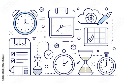 Modern time management concept featuring clocks, calendar, and checklists, ideal for business planning, productivity, and deadline reminders in a dynamic flat design