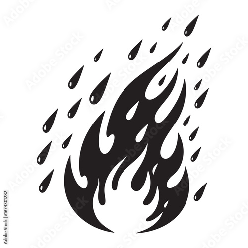 Minimalist black and white vector illustration of fire and rain. A stylized graphic flame with falling water droplets, perfect for a logo or tattoo design. Eps