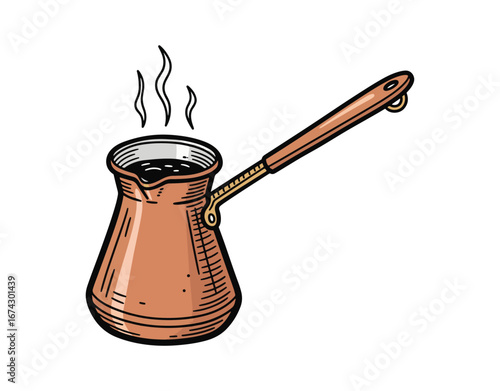 A hand-drawn doodle vector of a classic Turkish coffee pot used for making hot coffee. Set against a white background.